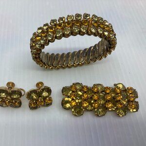 Vtg 1950s TRIAD yellow rhinestone crystal earrings brooch bracelet set